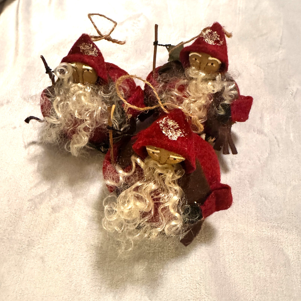 Lot of 3 Vintage Father Christmas Santa Ornaments Folk art Rustic estate wool